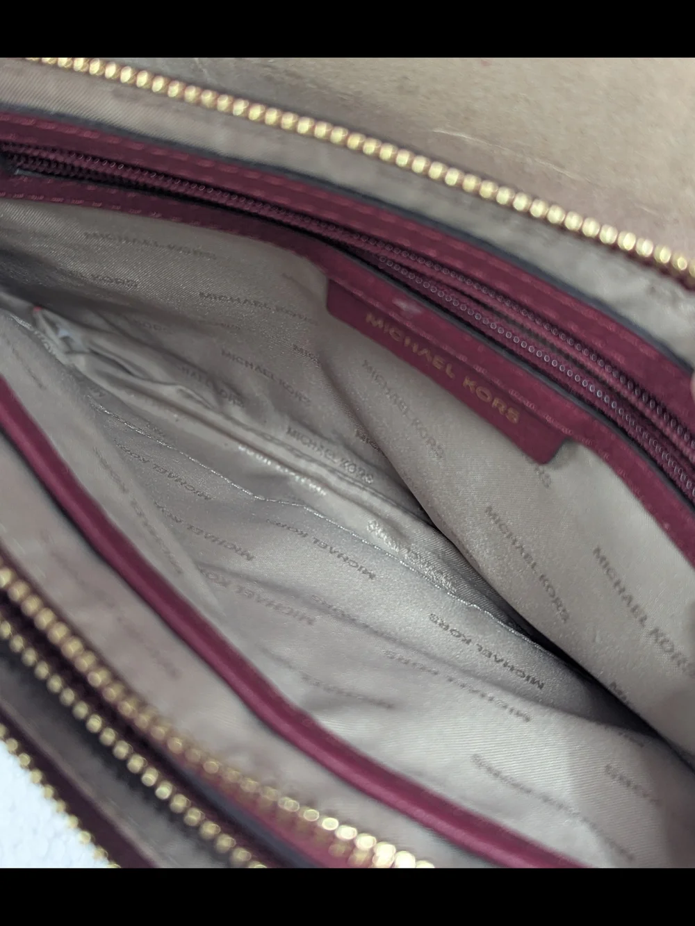 Michael Kors Burgundy Pebbled Leather Crossbody Double Zip Wristlet Clutch Gold